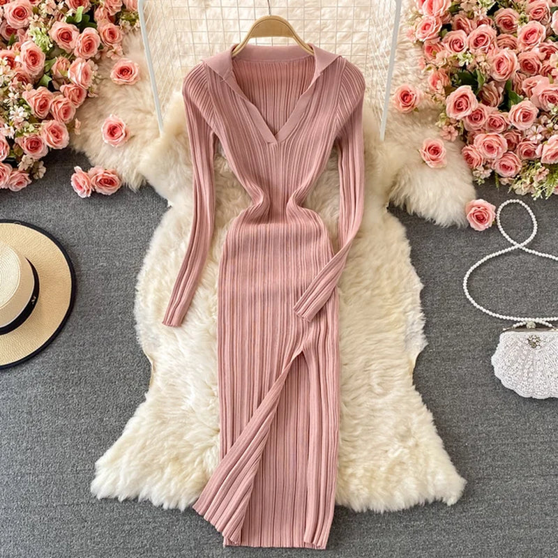 Women Dresses Lapel Collared V Neck Ribbed Knitted Midi Dress Elegant Long Sleeve Side Slit Sexy Bodycon Dress