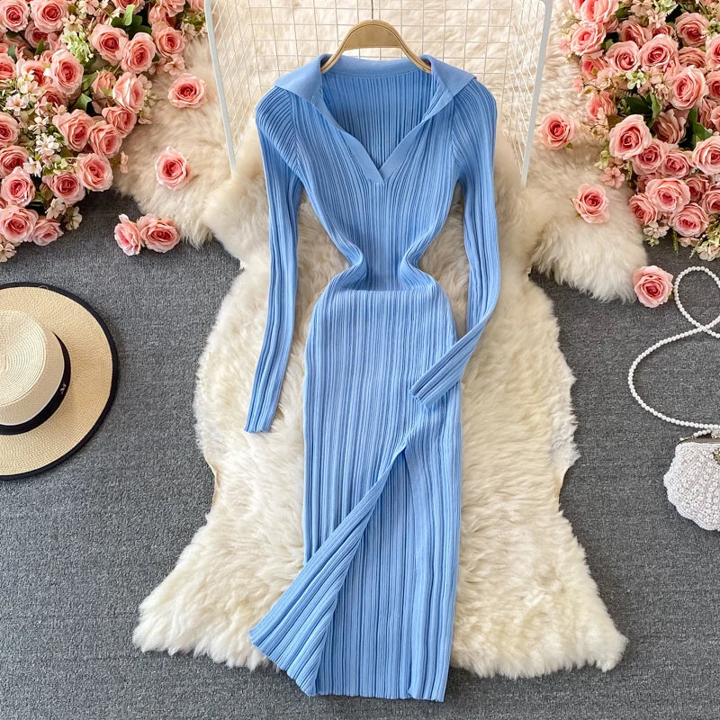 Women Dresses Lapel Collared V Neck Ribbed Knitted Midi Dress Elegant Long Sleeve Side Slit Sexy Bodycon Dress