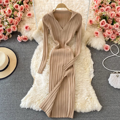 Women Dresses Lapel Collared V Neck Ribbed Knitted Midi Dress Elegant Long Sleeve Side Slit Sexy Bodycon Dress