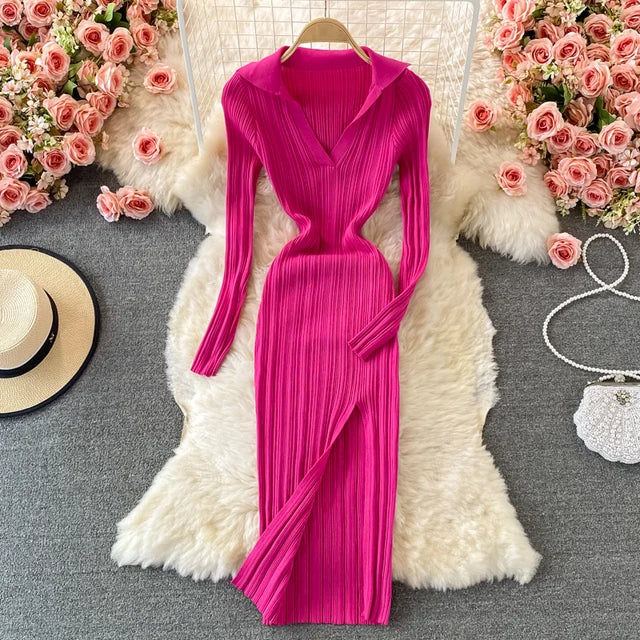 Women Dresses Lapel Collared V Neck Ribbed Knitted Midi Dress Elegant Long Sleeve Side Slit Sexy Bodycon Dress