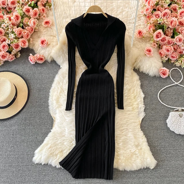 Women Dresses Lapel Collared V Neck Ribbed Knitted Midi Dress Elegant Long Sleeve Side Slit Sexy Bodycon Dress