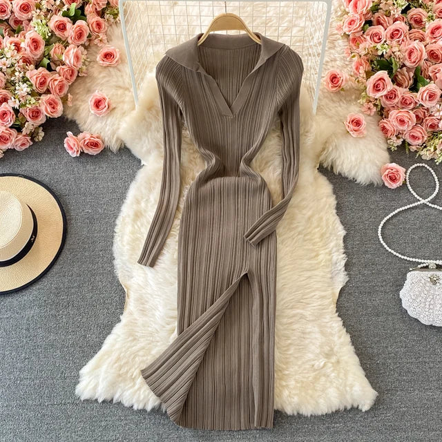 Women Dresses Lapel Collared V Neck Ribbed Knitted Midi Dress Elegant Long Sleeve Side Slit Sexy Bodycon Dress