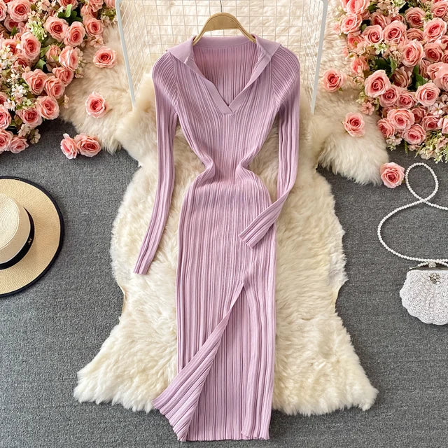 Women Dresses Lapel Collared V Neck Ribbed Knitted Midi Dress Elegant Long Sleeve Side Slit Sexy Bodycon Dress