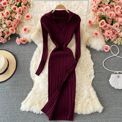 Women Dresses Lapel Collared V Neck Ribbed Knitted Midi Dress Elegant Long Sleeve Side Slit Sexy Bodycon Dress