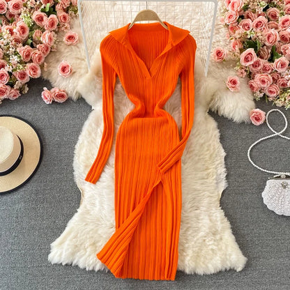 Women Dresses Lapel Collared V Neck Ribbed Knitted Midi Dress Elegant Long Sleeve Side Slit Sexy Bodycon Dress