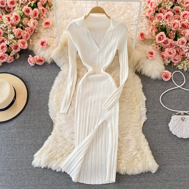 Women Dresses Lapel Collared V Neck Ribbed Knitted Midi Dress Elegant Long Sleeve Side Slit Sexy Bodycon Dress