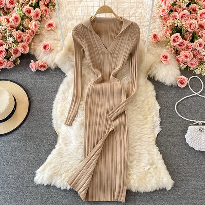 Women Dresses Lapel Collared V Neck Ribbed Knitted Midi Dress Elegant Long Sleeve Side Slit Sexy Bodycon Dress