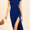 Ribbed Knitted Dresses Summer Elegant round Neck Shirring Side Slit Woman Midi Dress Simple Casual Chic Mujer Vestidos 2024